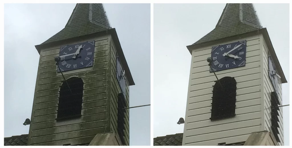 Reiniging kerktoren voor en na afbeelding